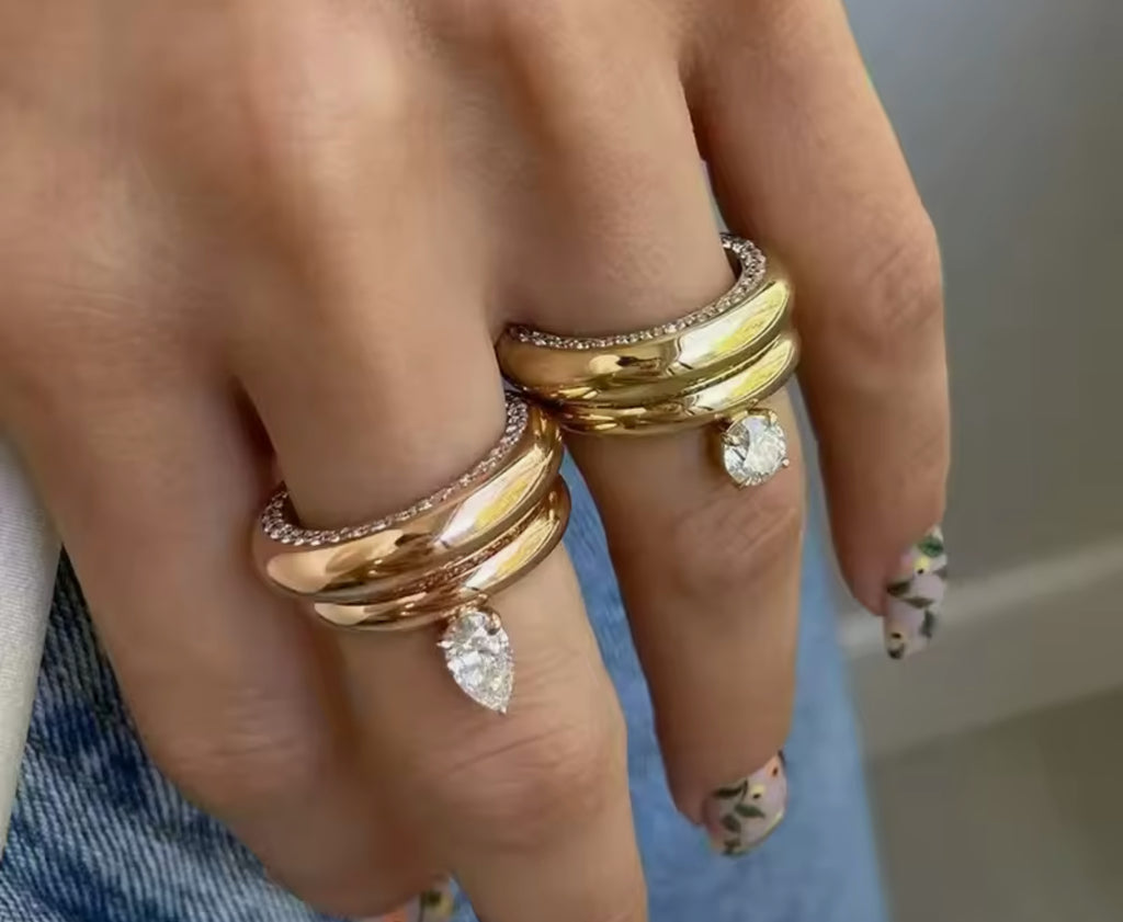 Teardrop and Round CZ Stackable Ring Set Stainless Steel