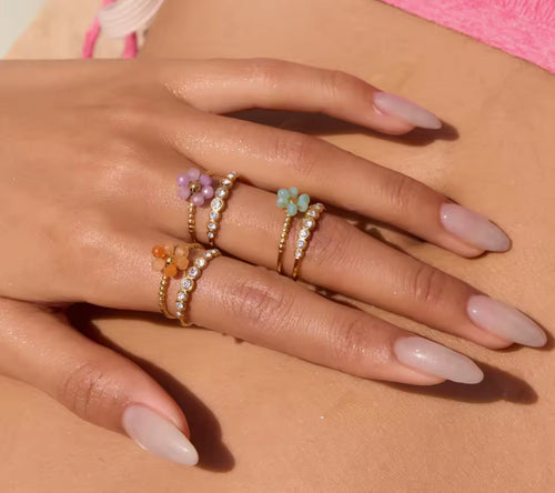 Crystal Beaded Flower Layered Ring Stainless Steel