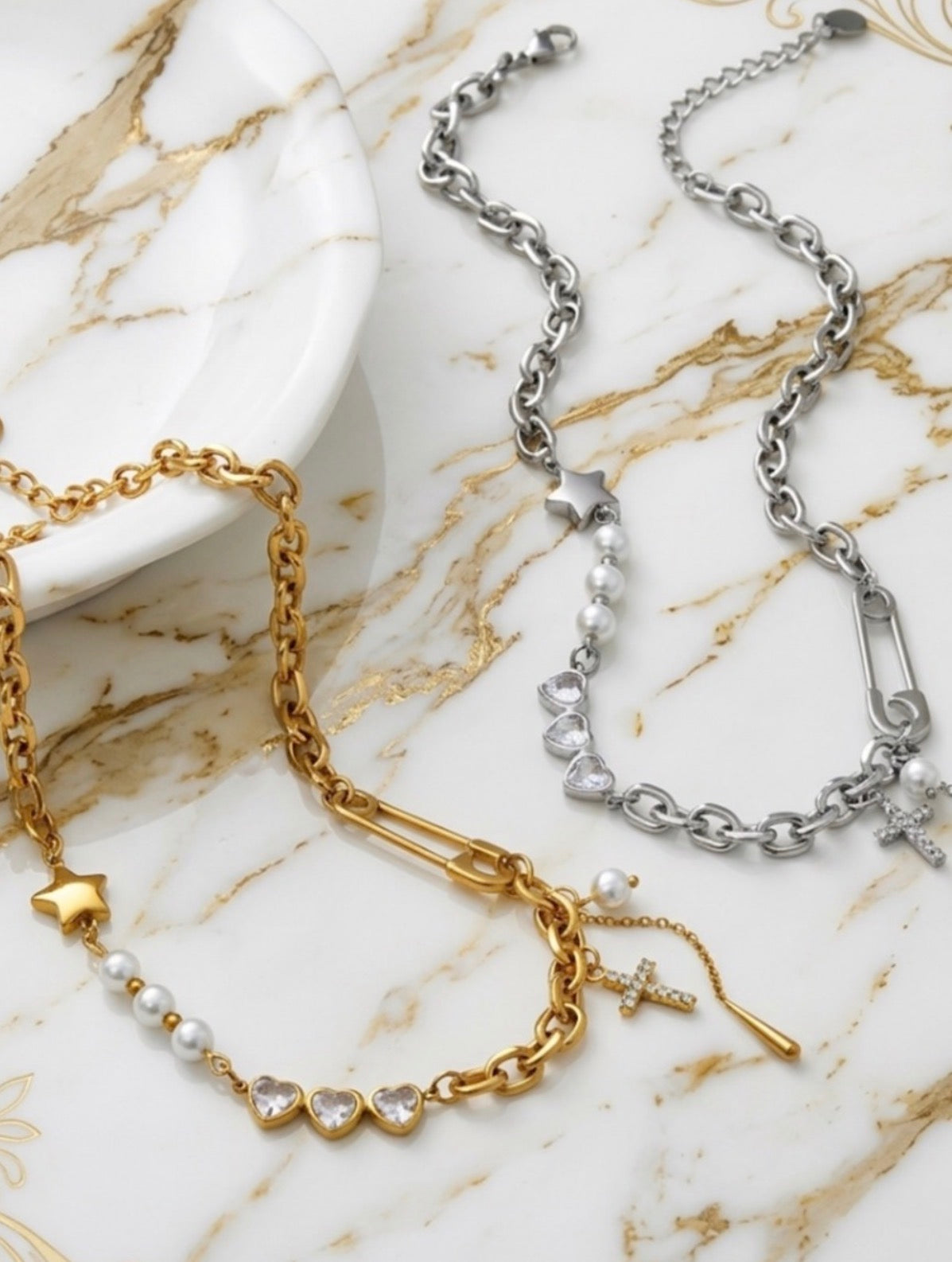 Hearts and Cross Charm Link Chain Necklace Stainless Steel