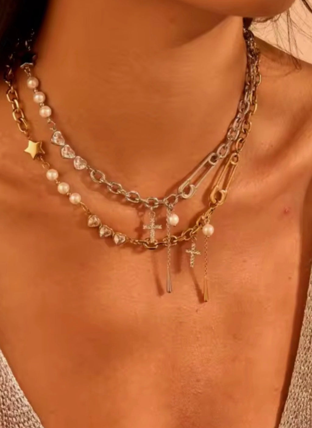 Hearts and Cross Charm Link Chain Necklace Stainless Steel