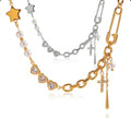 Hearts and Cross Charm Link Chain Necklace Stainless Steel
