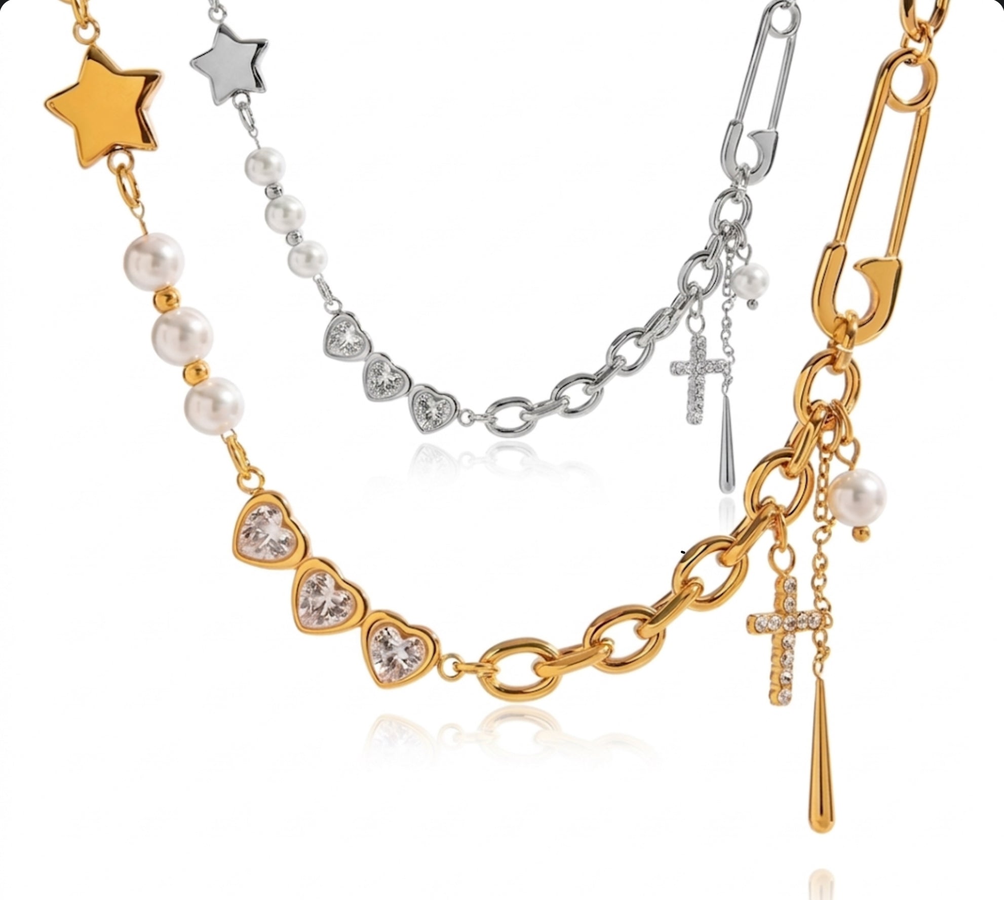 Hearts and Cross Charm Link Chain Necklace Stainless Steel